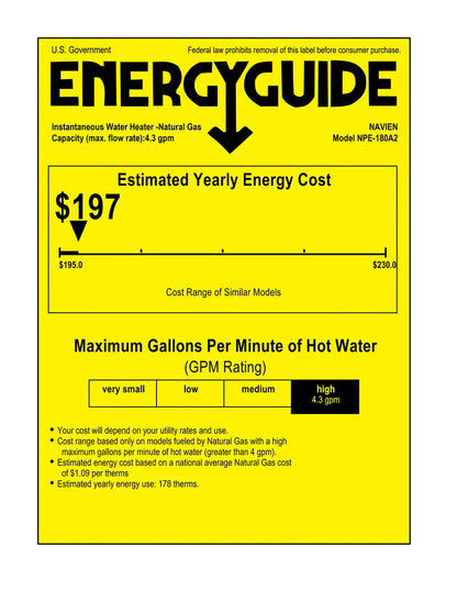 Navien NPE-180A2 High efficiency Condensing Tankless Water Heater